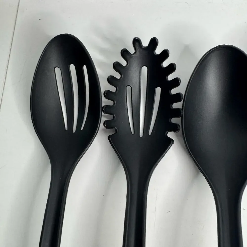 Set of 4 Utensils Black Plastic Slotted Serving Spoons, Ladle Heat Resistant USA